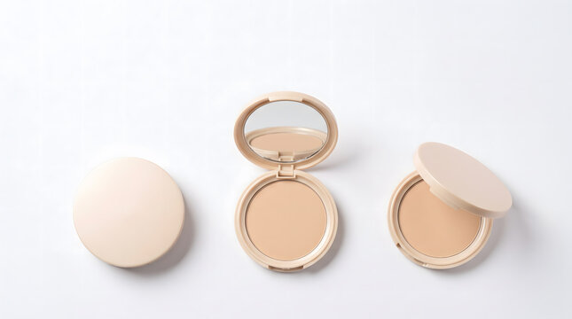 Open Beige Pressed Powder Compact with Mirror Applicator Puff and Closed Case Displayed on Clean White Studio Background