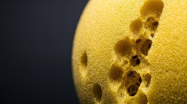 Yellow foam texture with porous surface structures creates abstract organic pattern for macro view.