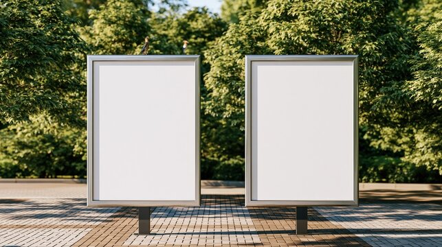 Two blank advertising billboards side by side outdoors in a park with green trees and sunny sky