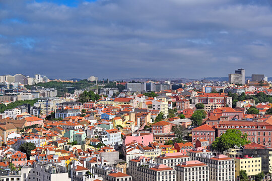 Lisbon Cityscape Aerial View from Castelo de Sao Jorge with Colorful Buildings Portugal