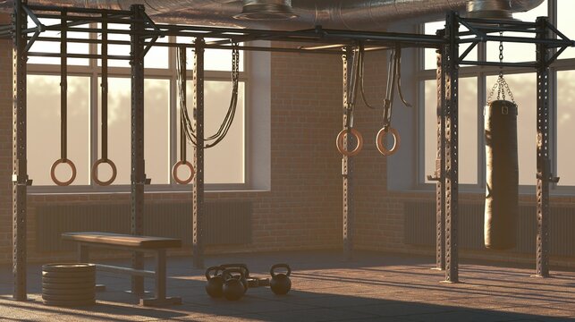 Gymnasium interior with workout equipment, rings, punching bag, and weights bathed in soft sunlight.