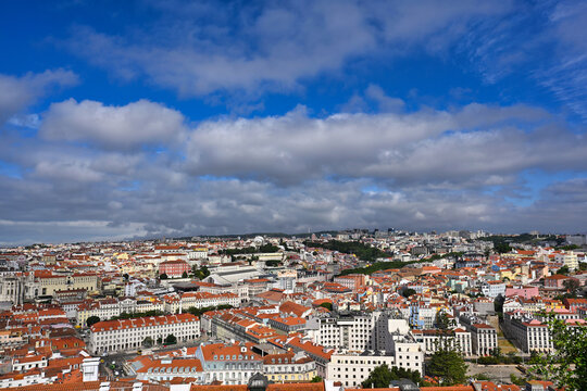 Lisbon Cityscape Aerial View with Rossio Square and Orange Roofs from Castelo de Sao Jorge Portugal