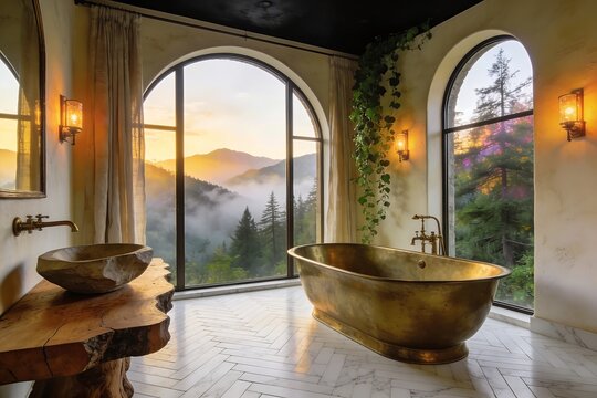 A luxury bathroom features a brass oval bathtub herringbone marble floors and arched windows overlooking a misty mountain forest