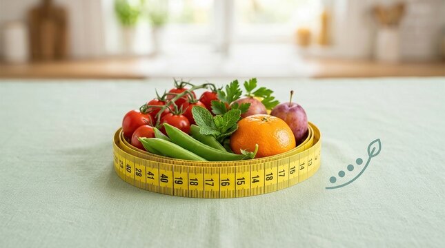 Measuring tape with produce, diet tracking, weight loss and healthy nutrition concept.