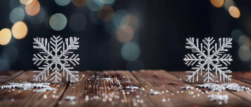 Two decorative silver snowflakes on a rustic wooden table with festive bokeh lights background
