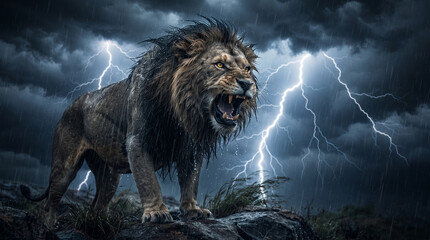 Obraz premium A fierce lion roars during a dramatic thunderstorm, rain and lightning creating a powerful and wild scene, symbolizing strength and resilience.