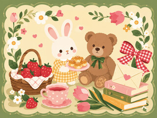 Fototapeta premium Cute Bunny and Teddy Bear Spring Tea Party flat Illustration