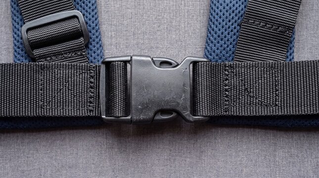 Close-up of black plastic buckle on a gray and blue backpack strap for secure fastening.