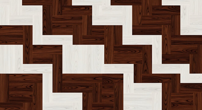 Dark brown and white wood parquet flooring geometric pattern