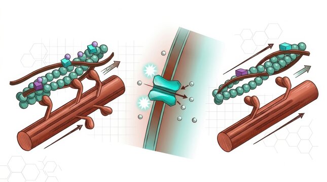 Muscle fiber sarcomeres with actin and myosin. It illustrates cellular processes in relaxation and calcium handling.