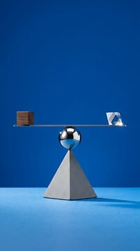   
Metallic pyramid base supporting sphere and bar balancing wooden cube against transparent glass cube equally.