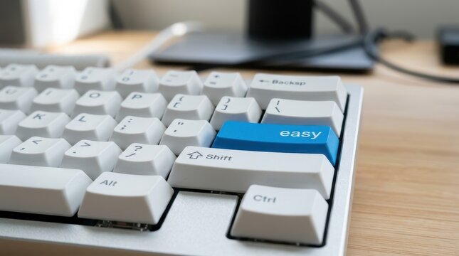 Modern white mechanical keyboard with a custom blue easy keycap representing simplicity and user-friendly technology.