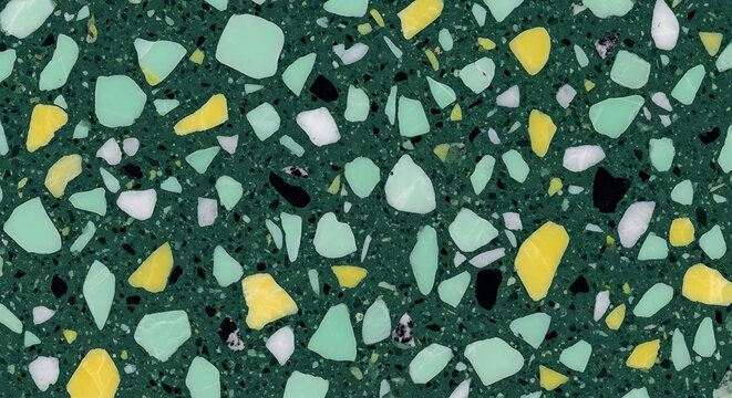 Dark green terrazzo pattern with scattered chips of mint yellow and white texture