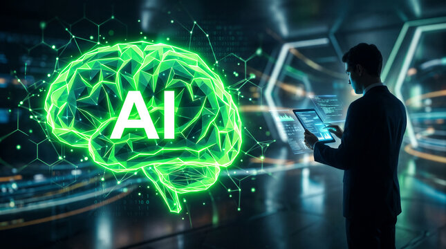 Glowing green AI brain network, representing artificial intelligence and technology, with a person interacting with data on a tablet, symbolizing innovation and future.