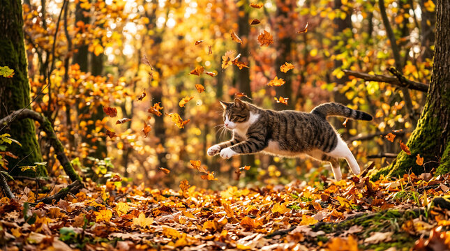 Tabby cat leaping through falling autumn leaves, symbolizing playful freedom and the vibrant beauty of fall season