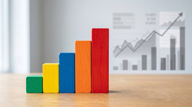 Colorful blocks arranged as a bar graph on a wooden surface, with a blurred financial chart in the background, symbolizing growth and success.