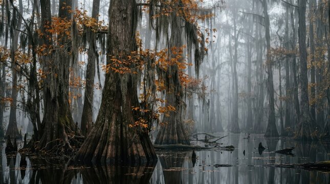 Mysterious Foggy Bayou with Ancient Cypress Trees and Autumn Foliage in a Tranquil Swamp Landscape