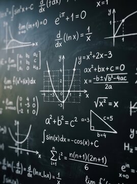 Mathematical Formulas and Equations Hand-Drawn on a Blackboard for Education and Science Concept