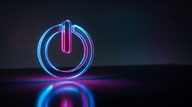 Neon power button glows with blue and pink light on a dark reflective surface, symbolizing startup, technology, and energy, perfect for digital concepts