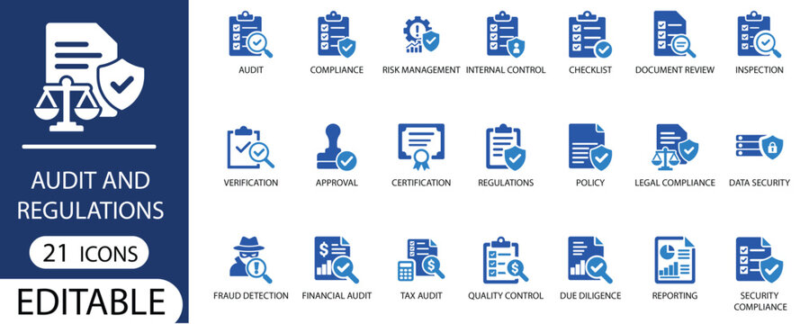 Audit and Regulation solid icon set. Contains symbols for compliance, finance, Fraud, and legal. Flat vector design for business law and corporate policy.