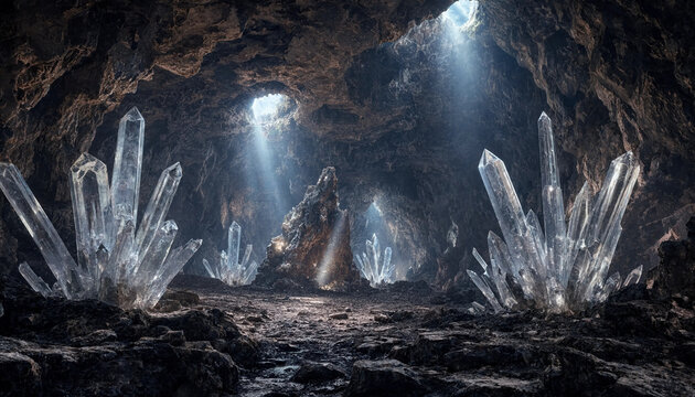 Large translucent quartz crystal clusters inside a dark rocky underground cavern with natural light beams shining through ceiling openings