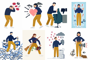 Fototapeta premium Set of vector illustrations depicting people facing various mental health challenges, emotional stress, and social media pressures in modern life.