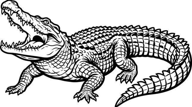 Crocodile alligator vector illustration with open jaws sharp teeth and detailed scaly texture for emblem design