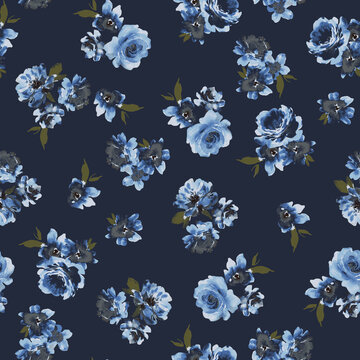 Black background with abstract rose seamless floral print pattern for fall season 
