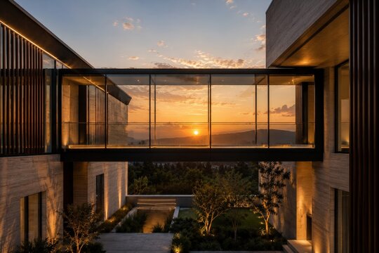 Modern Luxury Home Glass Bridge at Sunset