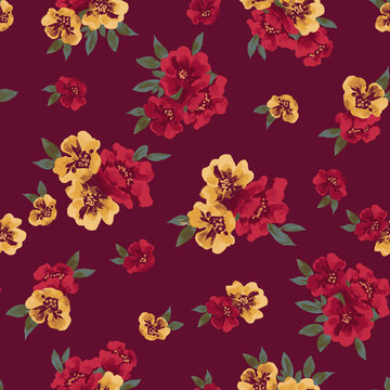 Deep red background white beautiful yellow and red abstract seamless rose floral print pattern