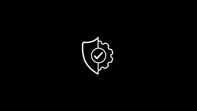Shield and rotating gear with check mark icon animation on black background. Security shield protection management icon. Security shield cybersecurity for safe, protect, guard, privacy, defense manage