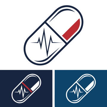 Medical capsule pill icon with integrated heart rate pulse line