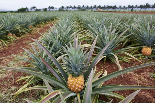 The Pineapple Plantation Field Rows of Pineapple Plants Under Clear Sky