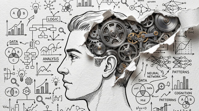 Sketch of a human head reveals intricate gears, surrounded by diagrams and formulas, symbolizing the mechanics of thought and analysis