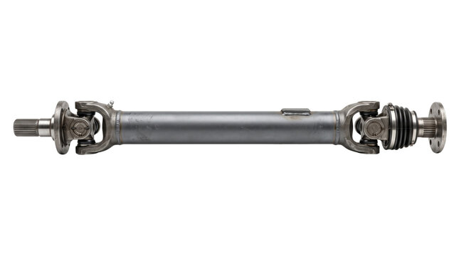 Heavy-duty industrial steel automotive drive shaft axle drivetrain component featuring universal joints and splined ends for vehicle power transmission.