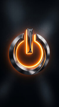 Metallic power button with glowing orange light, representing technology, activation, and the digital world, ideal for tech concepts