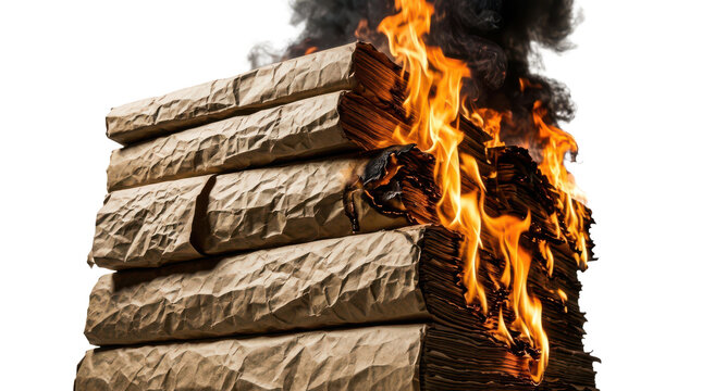 Burning books stack on fire, destruction of literature and knowledge. Flaning paper and dark smoke isolated on Transparent Background