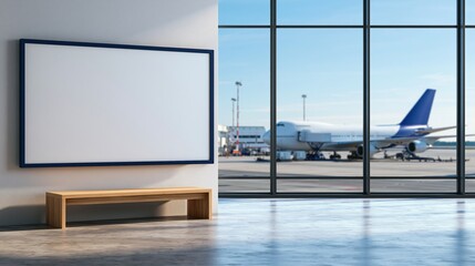 Obraz premium Modern airport lounge with blank advertising frame and airplane view