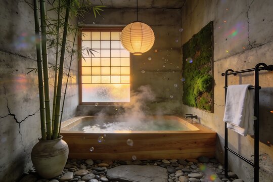 A Japanese wabi sabi bathroom features a steaming hinoki soaking tub concrete walls and pebble flooring in serene meditative dusk light
