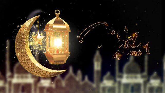 Ramadan candle lanterns are hanging on dawn sky background with glowing stars and a crescent. There is a space on top for your message text and logo. 3d animation. Ramadan Kareem holy month. 3d render