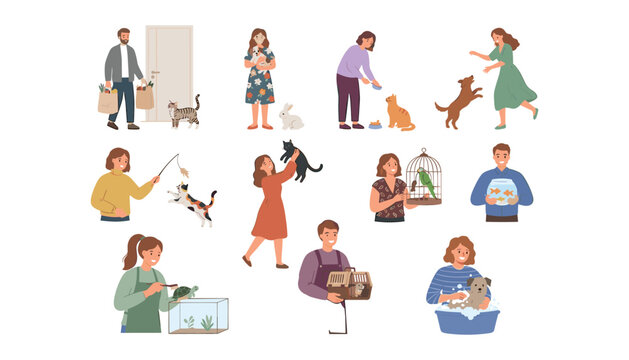 People taking care of domestic pets vector set with owners feeding playing washing dogs cats birds rabbit fish turtle.