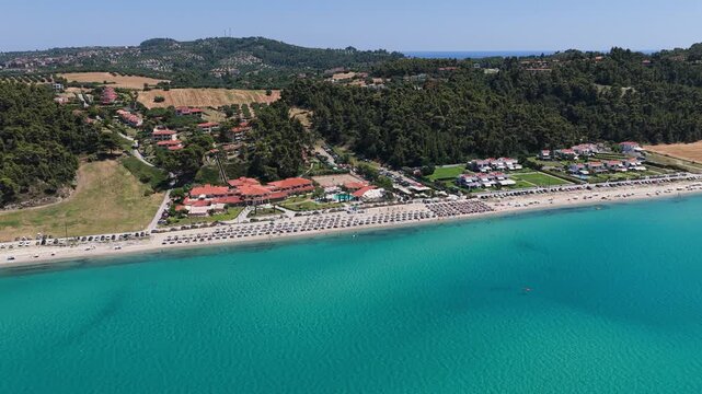 Possidi Beach resort coastline and turquoise Aegean Sea viewed