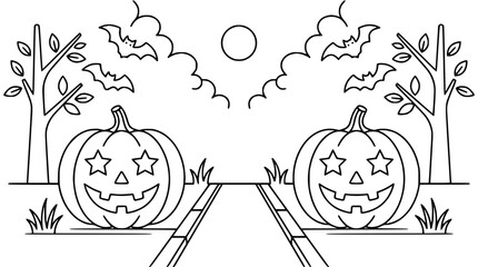 Fototapeta premium Jack o lantern pumpkins and bats outdoor coloring page line art