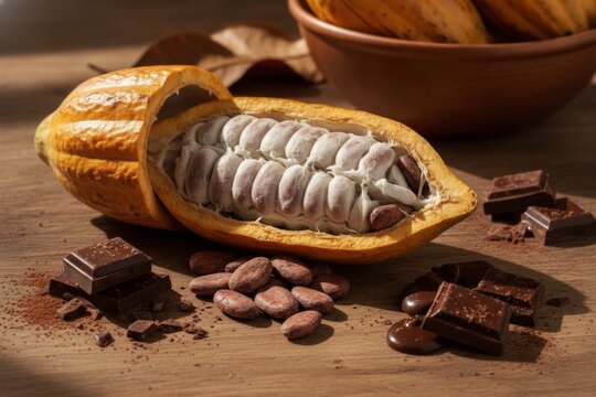 Whole cacao pod with cocoa beans and dark chocolate pieces