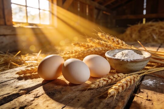 Fresh farm eggs rest on weathered barn wood with golden wheat stalks and flour bowl under warm morning sunlight
