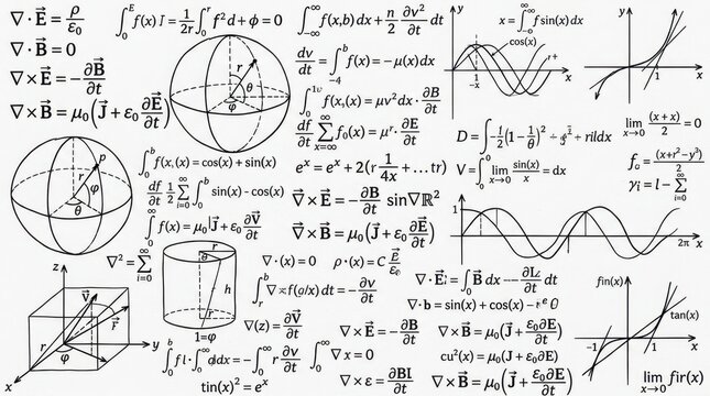 Complex Mathematical Formulas and Physics Equations Background with Scientific Diagrams and Graphs