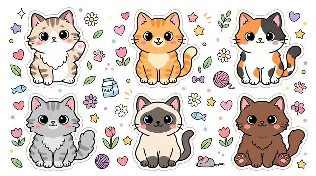 Cute Various Breed Cartoon Cats Grid Pattern Sticker Set