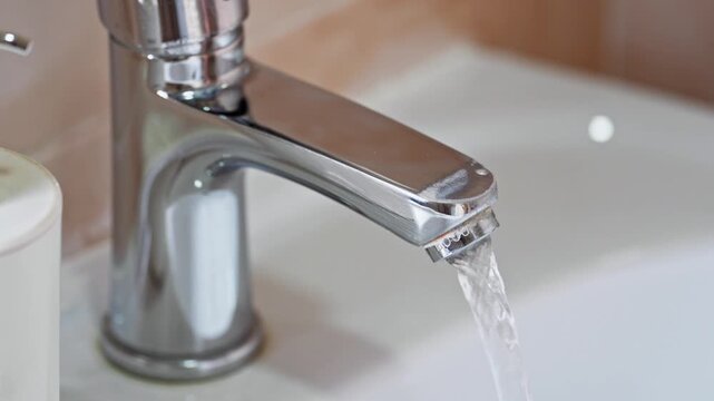 Close-up of a woman's hand opening a chrome faucet, letting water run into a sink, and then turning the tap off, illustrating water use and everyday hygiene