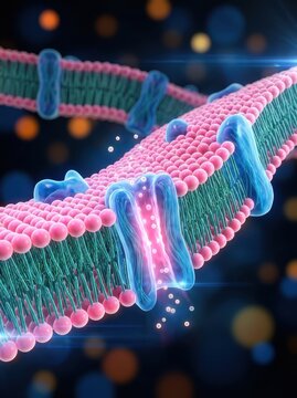 3D Illustration of a Cell Membrane Phospholipid Bilayer with Integral Proteins and Ion Channels for Scientific Education