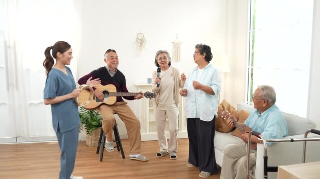 Elderly friends enjoying music therapy at home, playing guitar, ukulele and tambourine with a caregiver, promoting senior wellness, social interaction, emotional wellbeing, and active aging.